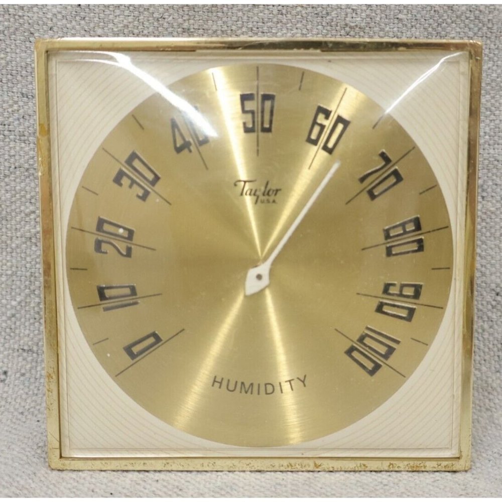 MCM Vtg Taylor USA Humidity Gauge Wall Hanging Gold Tone